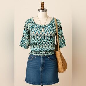 Ariat Boho Ikat Peasant Blouse Women’s Small Turquoise Multicolor Rayon Top